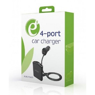 Автомобильное зарядное устройство USB - EnerGenie EG-4U-CAR-01, 4 порта USB, вход 12/24 В пост. тока, выход: до 2,4 А, одновременная зарядка до 4 устройств, 2 порта для передних и 2 порта для пассажиров на заднем сиденье, повороты , Кабель 1,8 м, Черный