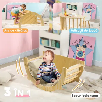 Arc Montessori 3 in 1 pentru Copii intre 18-48 Luni, Structura de Catarat, Masuta si Balansoar cu Perna