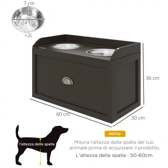 Boluri Ridicate pentru Caini din Otel Inoxidabil si Lemn cu Sertar, 60x30x36 cm, Maro