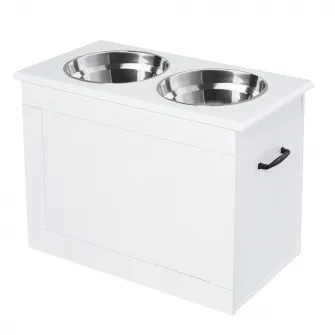 Boluri inaltate pentru Caini Mari, Suport din MDF cu 2 Boluri din Otel Inoxidabil, 60x30x41 cm, Alb