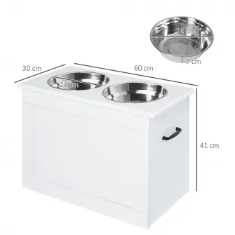 Boluri inaltate pentru Caini Mari, Suport din MDF cu 2 Boluri din Otel Inoxidabil, 60x30x41 cm, Alb