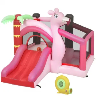 Castel Gonflabil 4-in-1 pentru Copii, include Trambulina, Tobogan, Piscina cu Bile si Cos de Baschet, cu Suflanta si Mingi Incluse, Multicolor