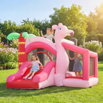 Castel Gonflabil 4-in-1 pentru Copii, include Trambulina, Tobogan, Piscina cu Bile si Cos de Baschet, cu Suflanta si Mingi Incluse, Multicolor