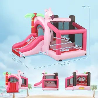 Castel Gonflabil 4-in-1 pentru Copii, include Trambulina, Tobogan, Piscina cu Bile si Cos de Baschet, cu Suflanta si Mingi Incluse, Multicolor