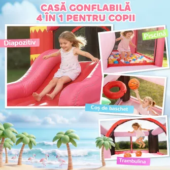 Castel Gonflabil 4-in-1 pentru Copii, include Trambulina, Tobogan, Piscina cu Bile si Cos de Baschet, cu Suflanta si Mingi Incluse, Multicolor
