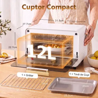 Cuptor Electric 12L cu timer si temperatura reglabila, din otel si plastic, 31.5x27.7x22.7 cm, alb si auriu