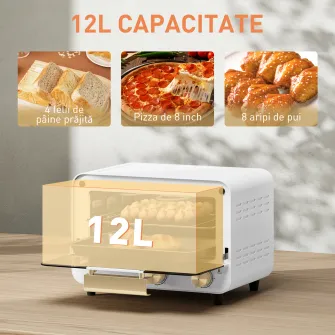 Cuptor Electric 12L cu timer si temperatura reglabila, din otel si plastic, 31.5x27.7x22.7 cm, alb si auriu