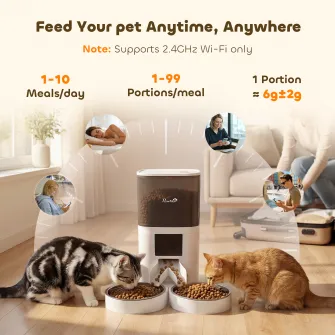 Distribuitor Automat Hrana Pisici 6L WiFi 2.4G, Control prin Aplicatie cu Timer, 1-10 Mese pe Zi, inregistrare 10s, 2 Boluri din Otel Inoxidabil