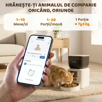Distribuitor Automat de Hrana pentru Pisici 4L, WiFi 2.4G, Control App cu inregistrare 10s, Bol, Alb