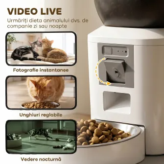 Distribuitor Automat de Hrana pentru Pisici si Caini 4L, WiFi 2,4G, Control din Aplicatie cu Camera, Bol, Alb