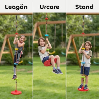 Franghie de Catarare pentru Copii 3-8 Ani cu Leagan cu Disc, Suporturi si Carabina, Joc pentru Copii din HDPE si PE, Rosu
