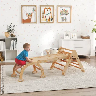 Joc pentru Copii 5 in 1 cu Triunghi, Tobogan Neted si Arc, din Lemn de Plop si Pin, 188x70x59 cm