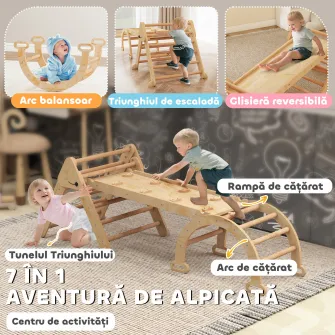 Joc pentru Copii 5 in 1 cu Triunghi, Tobogan Neted si Arc, din Lemn de Plop si Pin, 188x70x59 cm