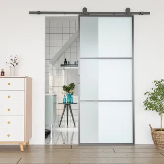 Kit pentru usa glisanta din otel carbon cu sine, opritoare si ghidaje, 200x40x0.6 cm, Negru