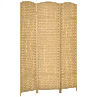 Paravan Interior Pliabil cu 3 Panouri impletit din PP si Lemn de Pin, 135x1,7x180 cm, Lemn Natural