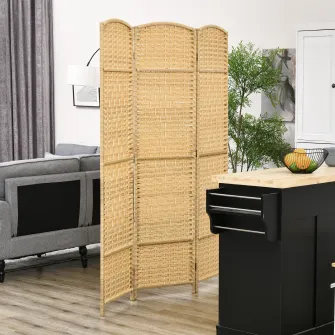 Paravan Interior Pliabil cu 3 Panouri impletit din PP si Lemn de Pin, 135x1,7x180 cm, Lemn Natural