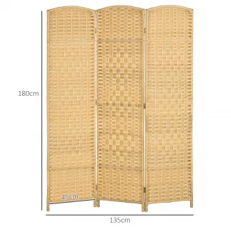 Paravan Interior Pliabil cu 3 Panouri impletit din PP si Lemn de Pin, 135x1,7x180 cm, Lemn Natural