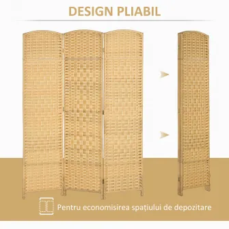 Paravan Interior Pliabil cu 3 Panouri impletit din PP si Lemn de Pin, 135x1,7x180 cm, Lemn Natural