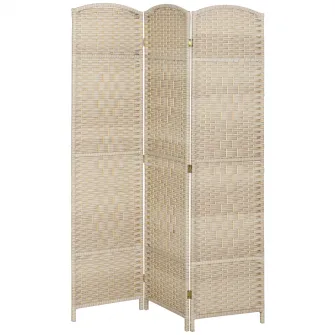 Paravan Interior cu 3 Panouri Pliabil, 135x180 cm, Separatoare impletit din PP si Lemn de Pin, Stejar