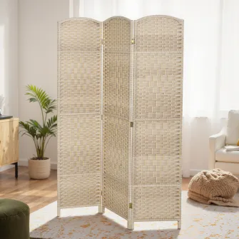 Paravan Interior cu 3 Panouri Pliabil, 135x180 cm, Separatoare impletit din PP si Lemn de Pin, Stejar