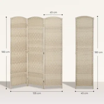 Paravan Interior cu 3 Panouri Pliabil, 135x180 cm, Separatoare impletit din PP si Lemn de Pin, Stejar