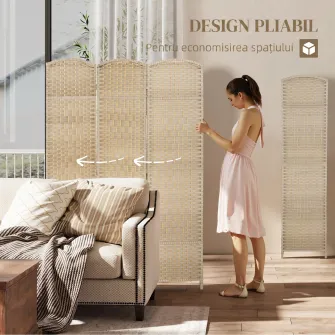 Paravan Interior cu 3 Panouri Pliabil, 135x180 cm, Separatoare impletit din PP si Lemn de Pin, Stejar