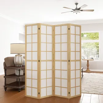 Paravan de interior cu 4 panouri pliabil din lemn si tesatura, 160x170 cm, culoare lemn si alb