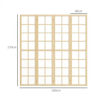 Paravan de interior cu 4 panouri pliabil din lemn si tesatura, 160x170 cm, culoare lemn si alb