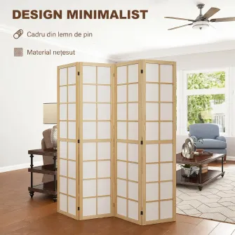 Paravan de interior cu 4 panouri pliabil din lemn si tesatura, 160x170 cm, culoare lemn si alb