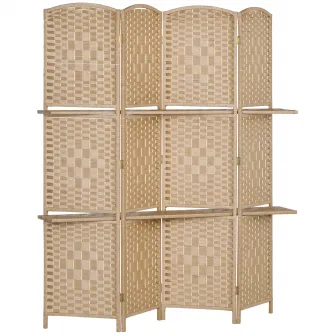 Paravan de interior cu 4 panouri pliabil si rafturi 160x170 cm, culoare naturala