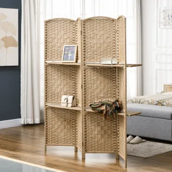 Paravan de interior cu 4 panouri pliabil si rafturi 160x170 cm, culoare naturala