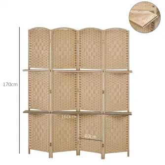 Paravan de interior cu 4 panouri pliabil si rafturi 160x170 cm, culoare naturala
