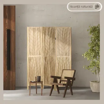 Paravan pliabil de interior cu 3 panouri in model os de peste din lemn, 120x1,6x170 cm