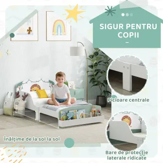 Pat pentru Copii 3-8 Ani din Lemn cu Spatiu de Depozitare si Bariere Laterale, 150x77x60 cm, Verde