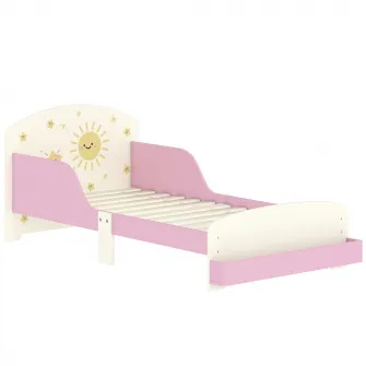 Pat pentru copii 3-8 ani, jos, din lemn, cu spatiu de depozitare si laterale de protectie, 150x77x60 cm, roz
