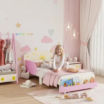 Pat pentru copii 3-8 ani, jos, din lemn, cu spatiu de depozitare si laterale de protectie, 150x77x60 cm, roz
