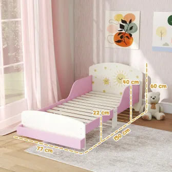 Pat pentru copii 3-8 ani, jos, din lemn, cu spatiu de depozitare si laterale de protectie, 150x77x60 cm, roz