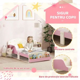Pat pentru copii 3-8 ani, jos, din lemn, cu spatiu de depozitare si laterale de protectie, 150x77x60 cm, roz