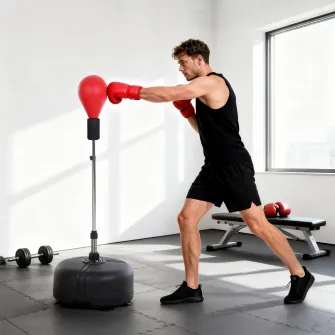 Punching Ball cu inaltime Reglabila cu Manusi de Box, din Otel, Piele Sintetica si PE, ?48x136-154 cm, Negru si Rosu