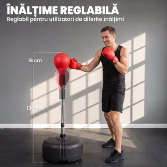 Punching Ball cu inaltime Reglabila cu Manusi de Box, din Otel, Piele Sintetica si PE, ?48x136-154 cm, Negru si Rosu