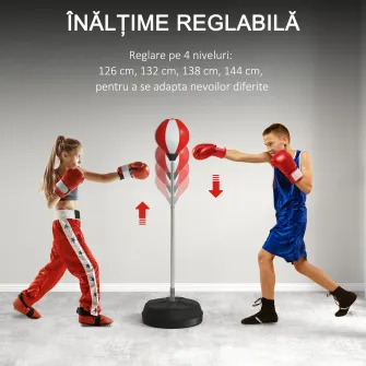 Sac de Box de Podea cu inaltime Reglabila, Manusi de Box si Baza Umpluta, 43x43x126-144 cm, Rosu si Alb