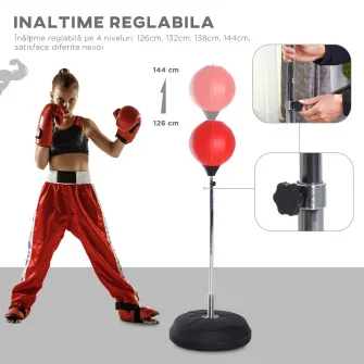 Sac de Box de Podea cu inaltime Reglabila, Manusi de Box si Baza Umpluta, 43x43x126-144 cm, Rosu