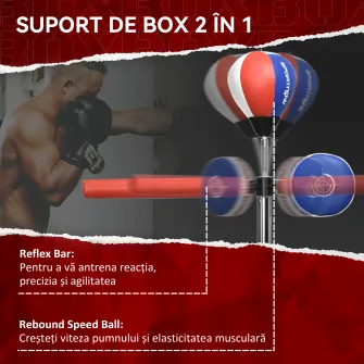 Sac de Box pe Podea cu Bara Rotativa, Speedball si tinta, din Otel, HDPE si PU, 80.5x48x163-205 cm
