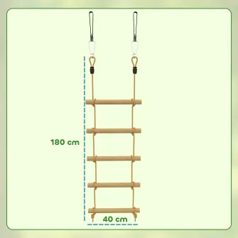 Scara de Franghie 1,8m, Accesorii pentru Leagane, Franghie pentru Parc de Joaca Exterior, Catarare cu 5 Trepte pentru Copii cu 2 Carabiniere si 2 Curele pentru Copaci