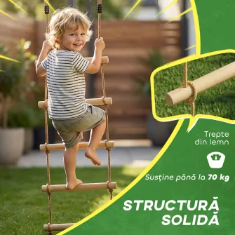Scara de Franghie 1,8m, Accesorii pentru Leagane, Franghie pentru Parc de Joaca Exterior, Catarare cu 5 Trepte pentru Copii cu 2 Carabiniere si 2 Curele pentru Copaci