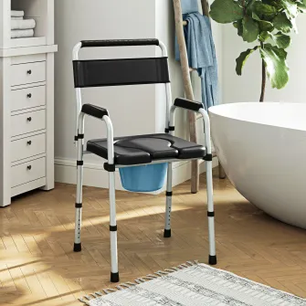 Scaun WC Pliabil si Reglabil cu Brate si Spatar, din Otel si Piele PU, 52.5x46x81.5-97 cm, Negru