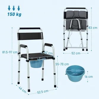 Scaun WC Pliabil si Reglabil cu Brate si Spatar, din Otel si Piele PU, 52.5x46x81.5-97 cm, Negru