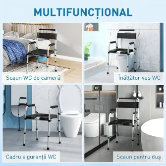 Scaun WC Pliabil si Reglabil cu Brate si Spatar, din Otel si Piele PU, 52.5x46x81.5-97 cm, Negru