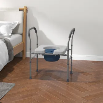 Scaun comod WC pentru varstnici si persoane cu dizabilitati 4 in 1 reglabil pe inaltime, cu brate capitonate, gri