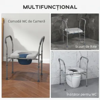 Scaun comod WC pentru varstnici si persoane cu dizabilitati 4 in 1 reglabil pe inaltime, cu brate capitonate, gri